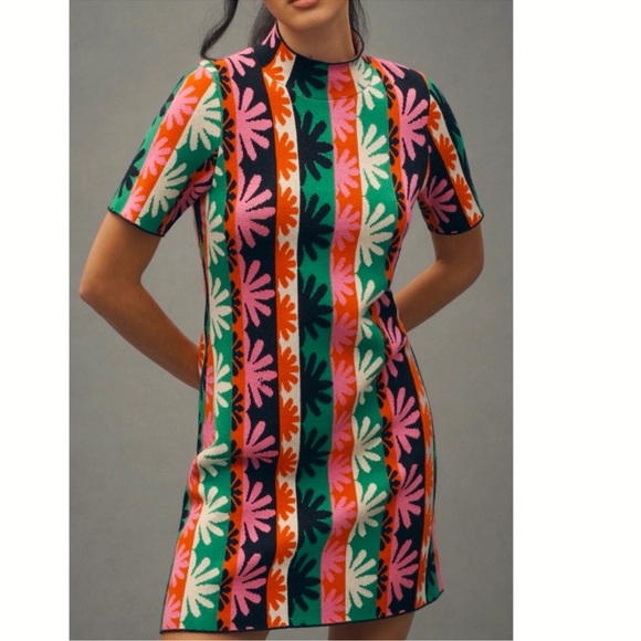 NWT Anthropologie The Nina Short-Sleeve Mock-Neck Mod Mini Dress - Multiple🟤🥨 - Picture 2 of 12